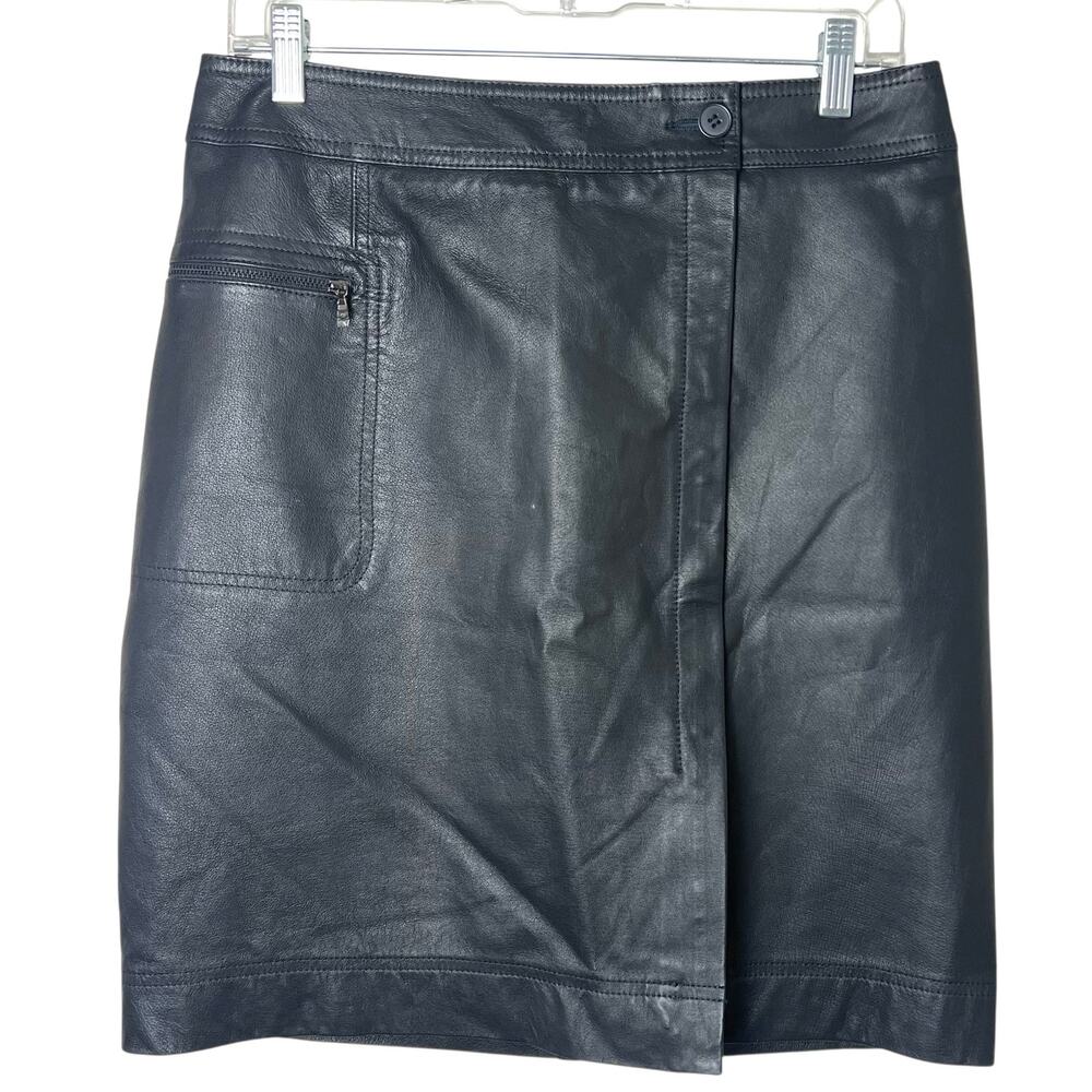 Anne Klein A-Line Knee Length Black Leather Skirt Sz 4